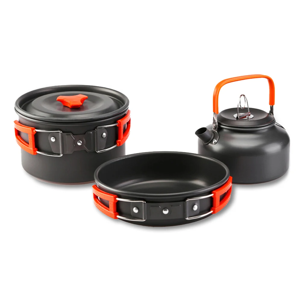 

3PCS/Set Outdoor Cookware Camping Aluminum 2-3 People Pot Kitchenware Insulated Handle Pan Backpacking Kettle Black