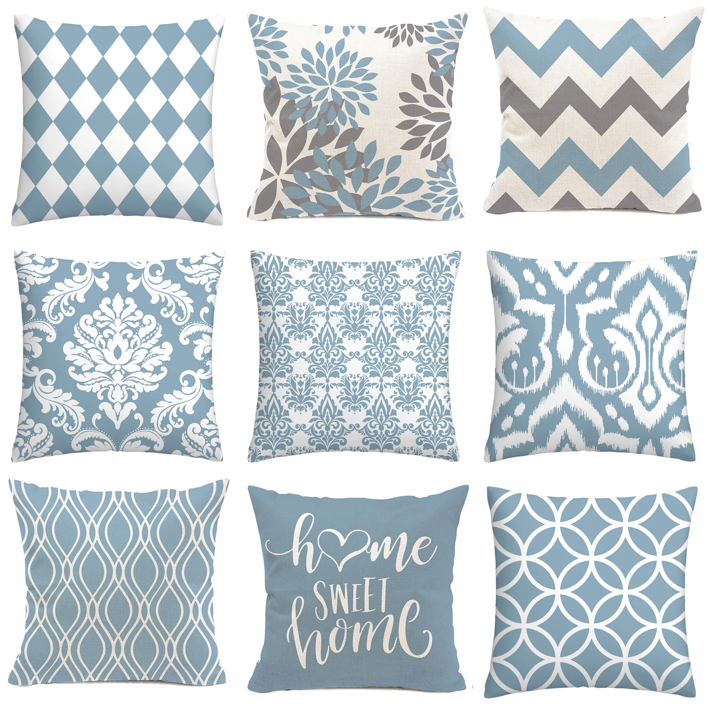 

45x45cm Lake Blue White Geometric Print Polyester Throw Pillow Cover Sofa Cushion Cover Home Cushion Decorative Pillow Cover
