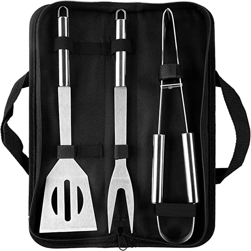 

3-PCS Heavy Duty BBQ Grill Tools Set Extra Thick Stainless-Steel Spatula Fork,Tongs,Portable Bag,Outdoor,Family Barbecue Gifts