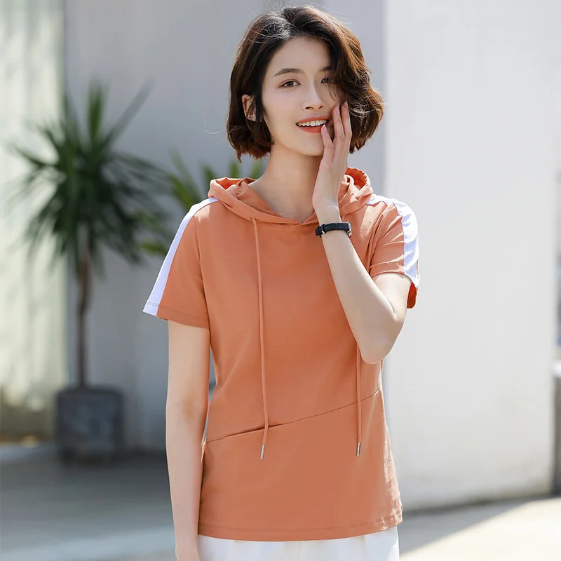 

2022 summer new short sleeve T-shirt women's hooded contrast color sports invisible pocket pure cotton women's top 7330