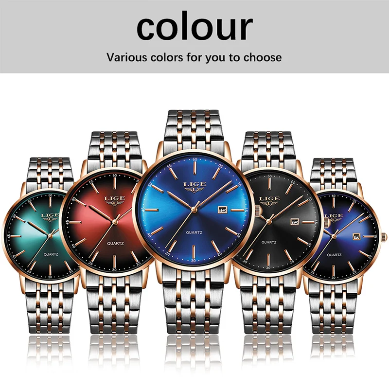 Часы наручные LIGE Мужские кварцевые брендовые Роскошные модные ультратонкие