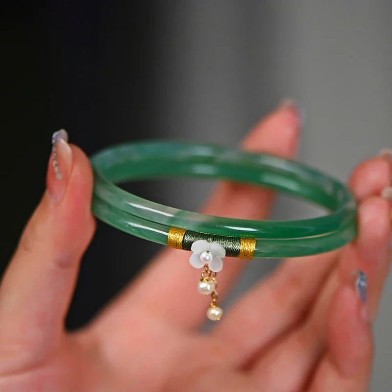 Натуральный зеленый нефритовый браслет ручной работы