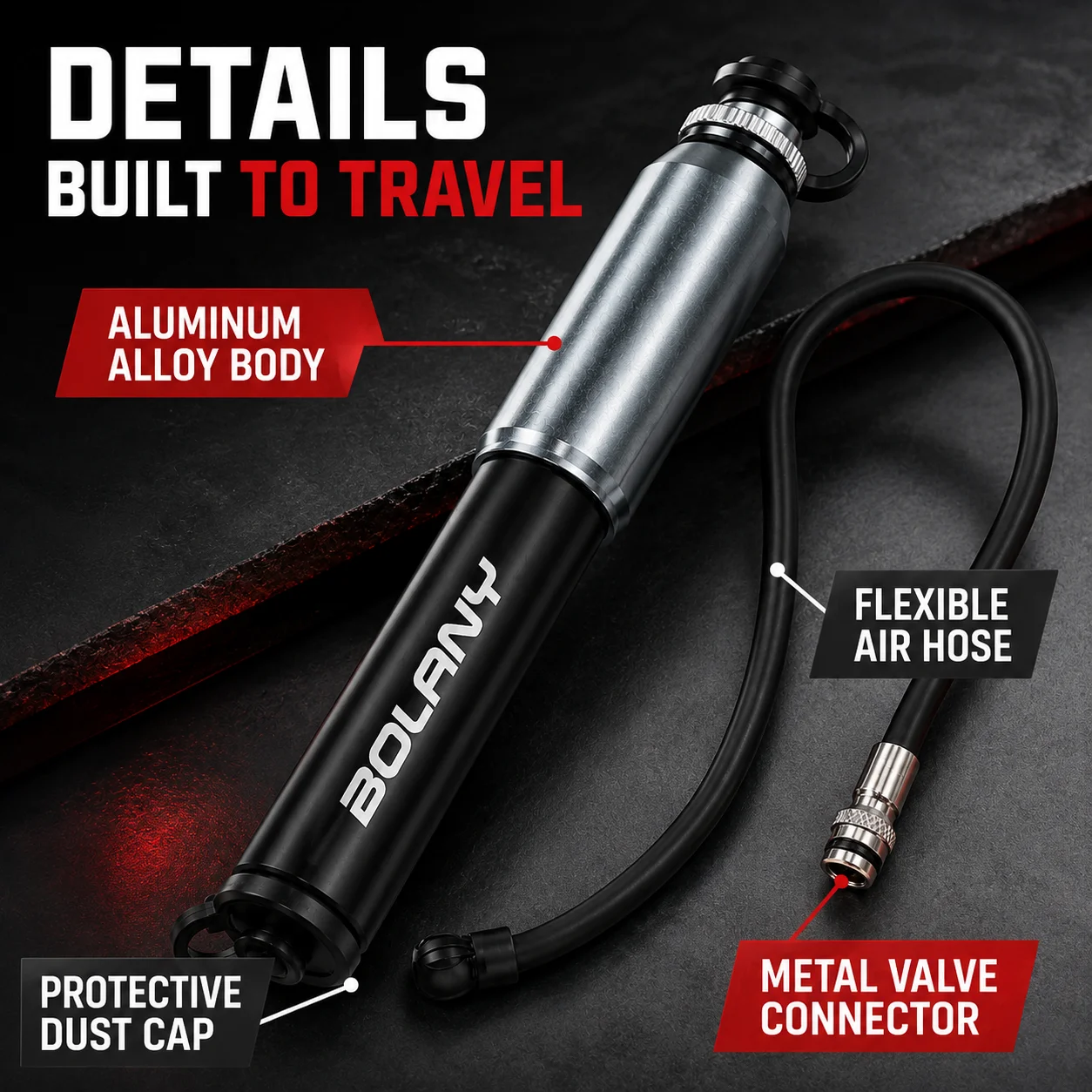 Фото Мини-насос для велосипеда BOLANY, 120 PSI, из алюминиевого сплава, портативный ручной насос с креплением для шланга и клапанами Presta и Schrader для горных и шоссейных велосипедов. №5