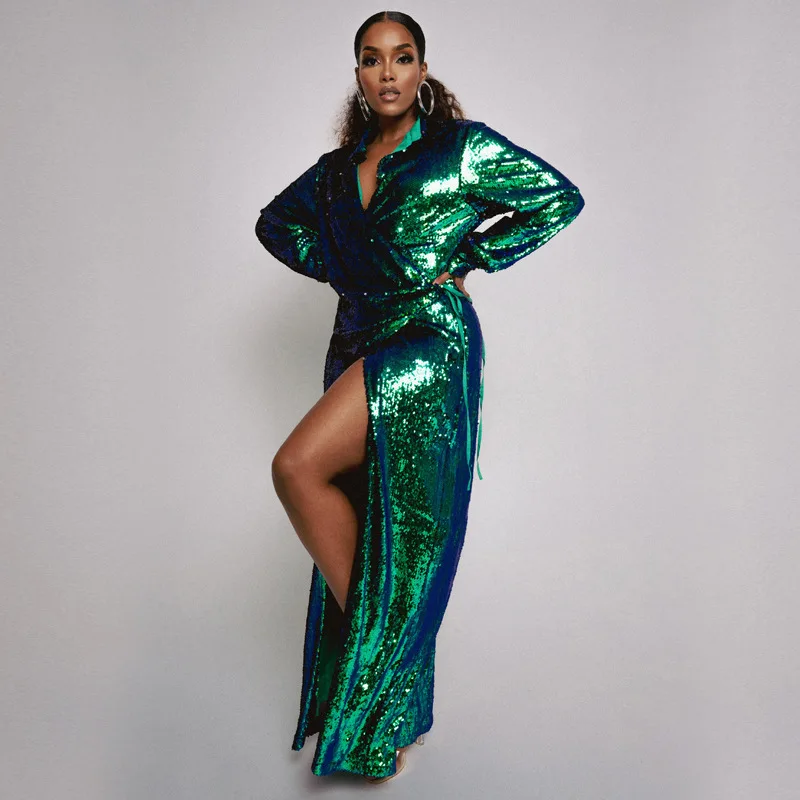 Women Fashion Sequined Party Gown Sexy Deep V-neck Long Sleeve Prom Dress Elegant Slim High Split  Evening Dresses