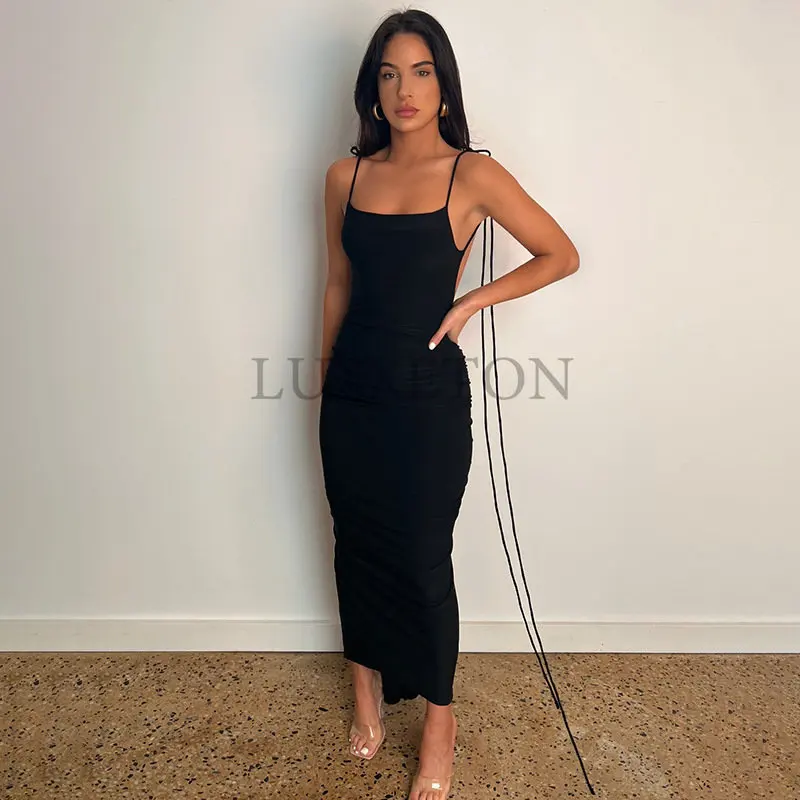 

Backless Maxi Dress Elegant Halter Ruched Evening Party Dresses for Women Summer Sleeveless Slim Long Club Outfits