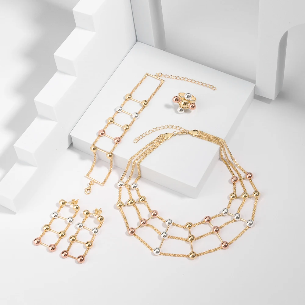 

4pcs Jewelry Sets For Women Fashion Necklace Nigerian Wedding African Beads Dubai Gold Sliver Color Earrings Trend Bridal Gift