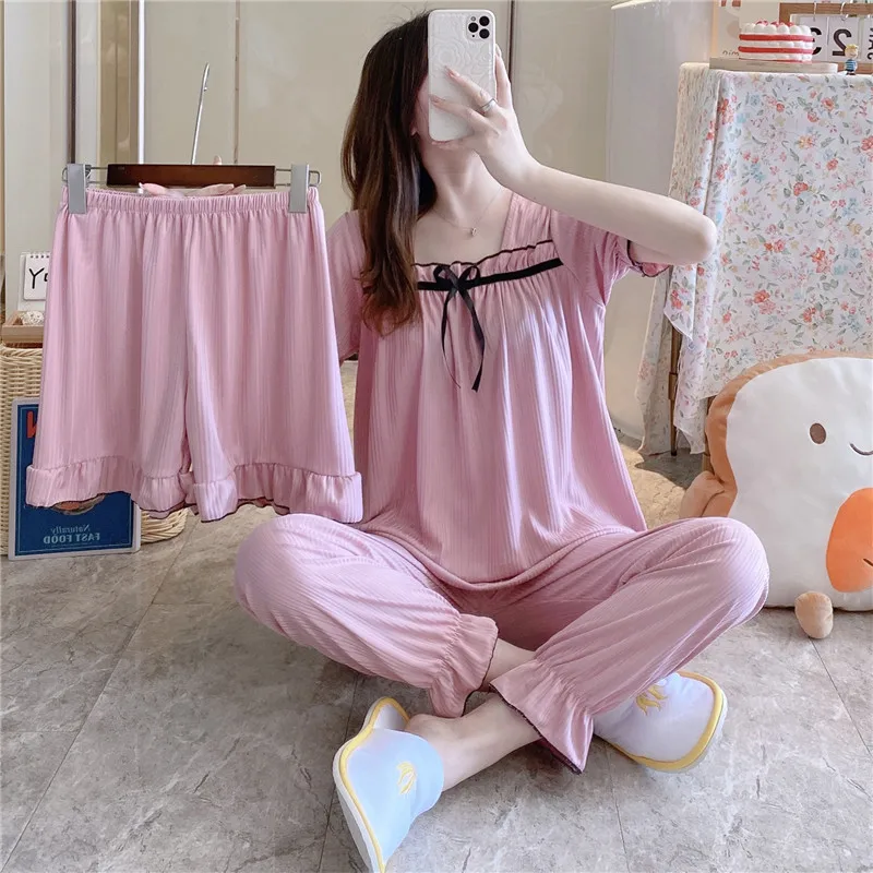 Women 3 Pieces Pajamas Sets Cotton Pijama Bow Female Pyjama Sleepwear Short Sleeve Shirt Pants Shorts Suit Homewear Loungewear