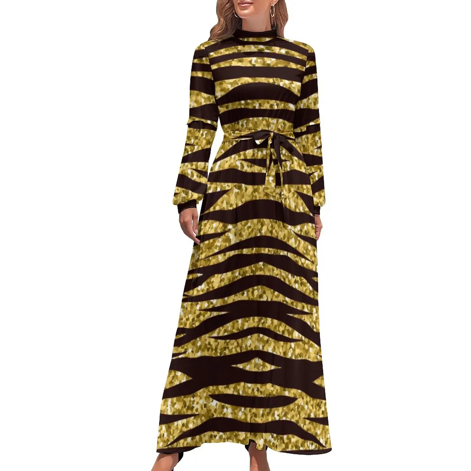 

Golden Tiger Print Dress Animal Skin Stripes Basic Boho Beach Dresses Women Long Sleeve High Waist Elegant Long Maxi Dress