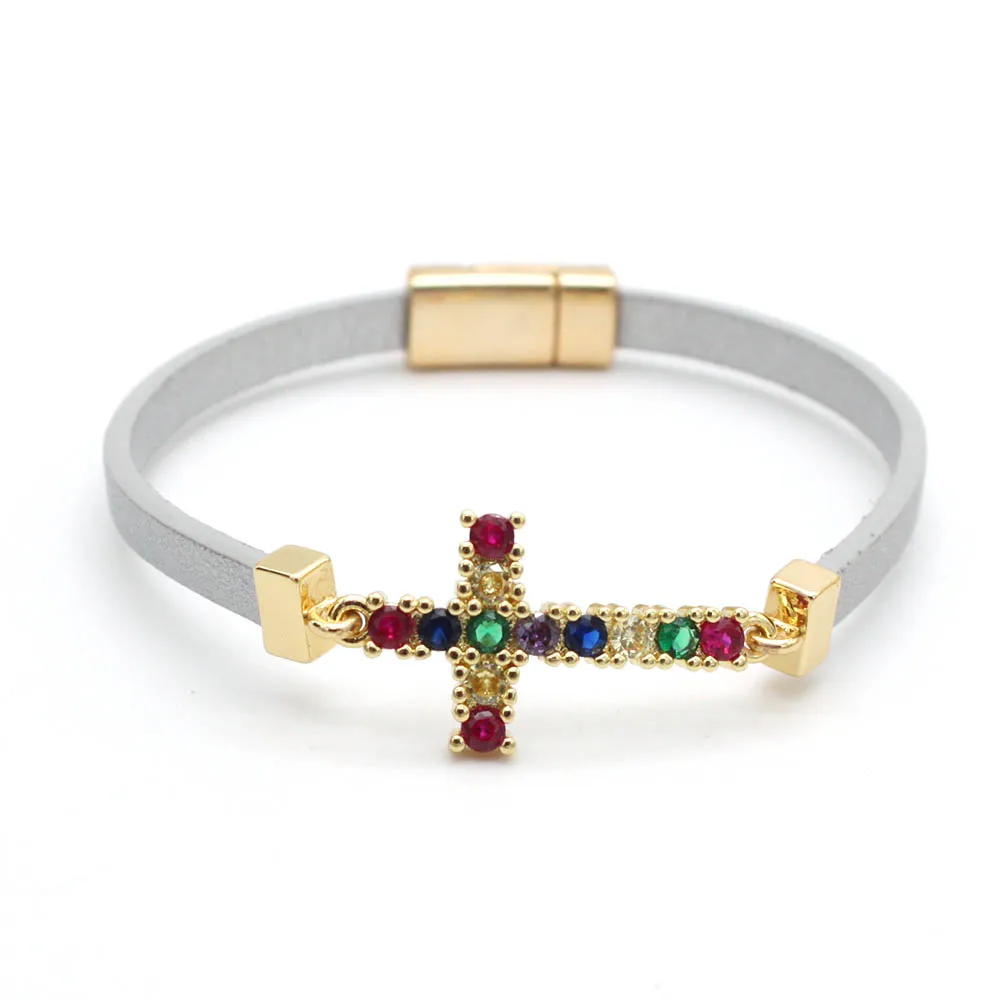 

New Cubic Zirconia Sideways Jesus Cross Bracelet Women Leather Gold Plated Bracelet with Cross Religious Jewelry