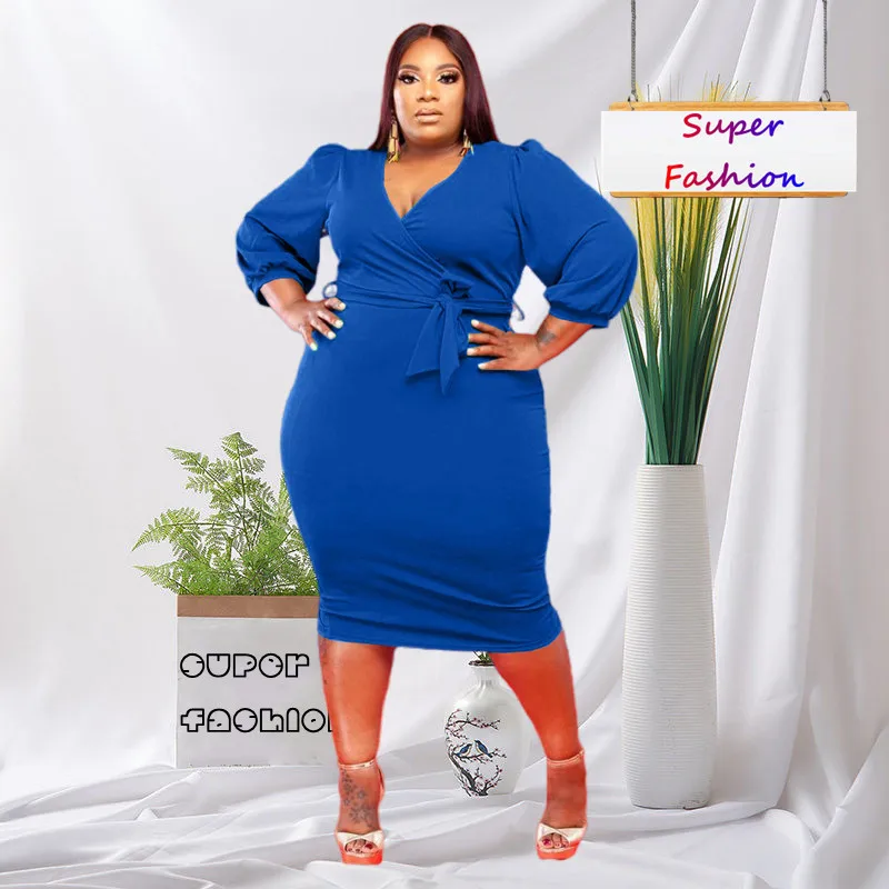 

WSFEC L-4XL Plus Size Dresses Winter Fall Outfits Women Clothing Solid Long Sleeve V Neck Fashion Casual Business Evening Dress