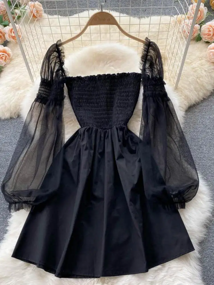 

ZCWXM Gothic Mesh Puff Sleeve Women Mini Dress Summer Fashion Sexy Off Shoulder Club Mini Party Dress Chic Girl Vestidos