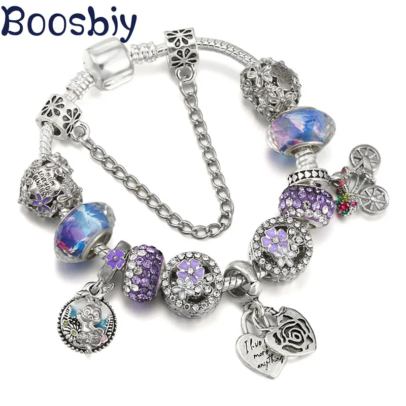 

Silver Plated 3mm Snake Chain Charm Bracelet With Purple Flower & Rabbit Pendants DIY Fashion Jewelry Gift For Women Kids