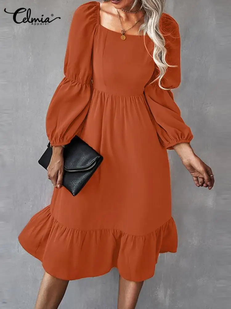 

Fashion Square Collar Midi Dress Celmia Casual Holiday Waisted Lady Robe Elegant Long Puff Sleeve Stitching Ruffled Hem Vestidos