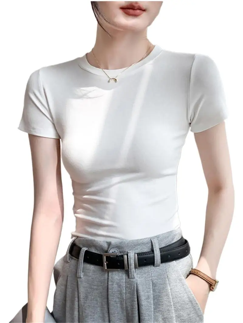 

Summer Knitted Cotton Round Neck Tops Skinny Raglan Short Sleeve Lightweight Basic Versatility Bottoming shirts For Women