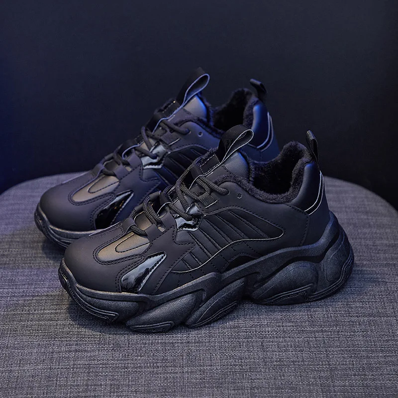 

Black Short Plush Warm Boots Platform Sneakers Shoes For Women Flat Tennis Female Student Increase Height PU Waterproof Non-Slip