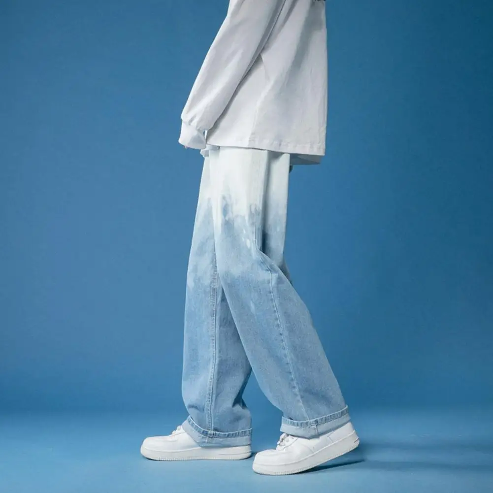 

2023 New Men Trousers Men Denim Jeans Gradient Tie-dye Breathable Baggy Jeans Mid Waist Long Wide Leg Denim Pants Male Clothes