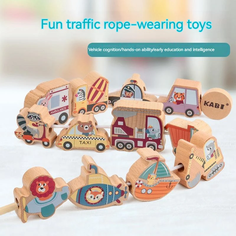 

Interesting Traffic Rope-threading Toys Early Childhood Education Large-particle Wooden Vehicles Cognitive Threading Toys