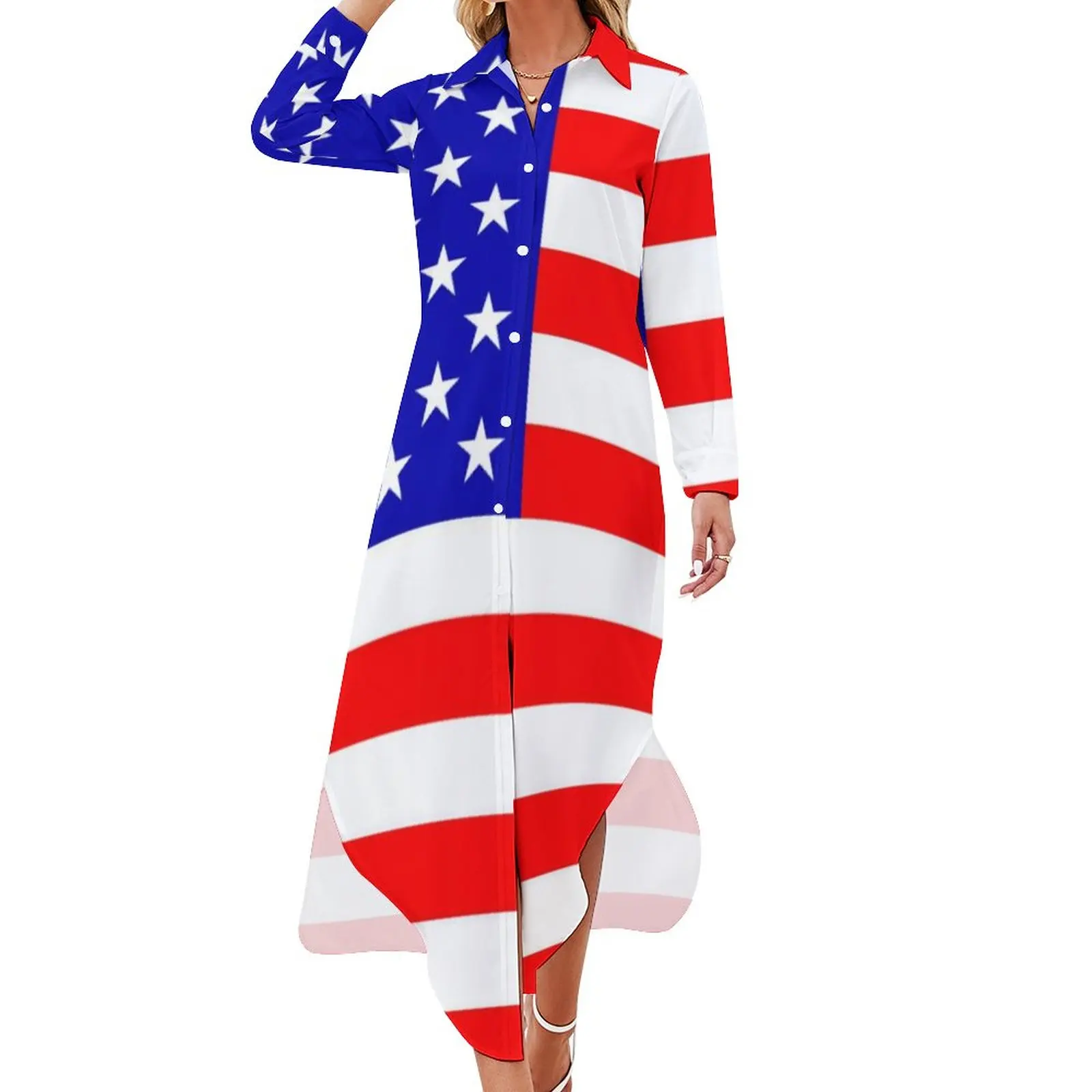 

Шифоновое платье с американским флагом, патриотические белые элегантные платья с принтом звезд, летнее базовое Повседневное платье с V-обра...