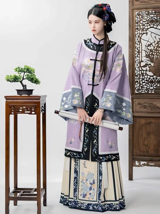 

China Women Qing Dynasty Printed Loose Long Sleeve Cheongsam Dress Qipao Suit Cosplay Horse Face Skirt Embroidered Hanfu Clothes