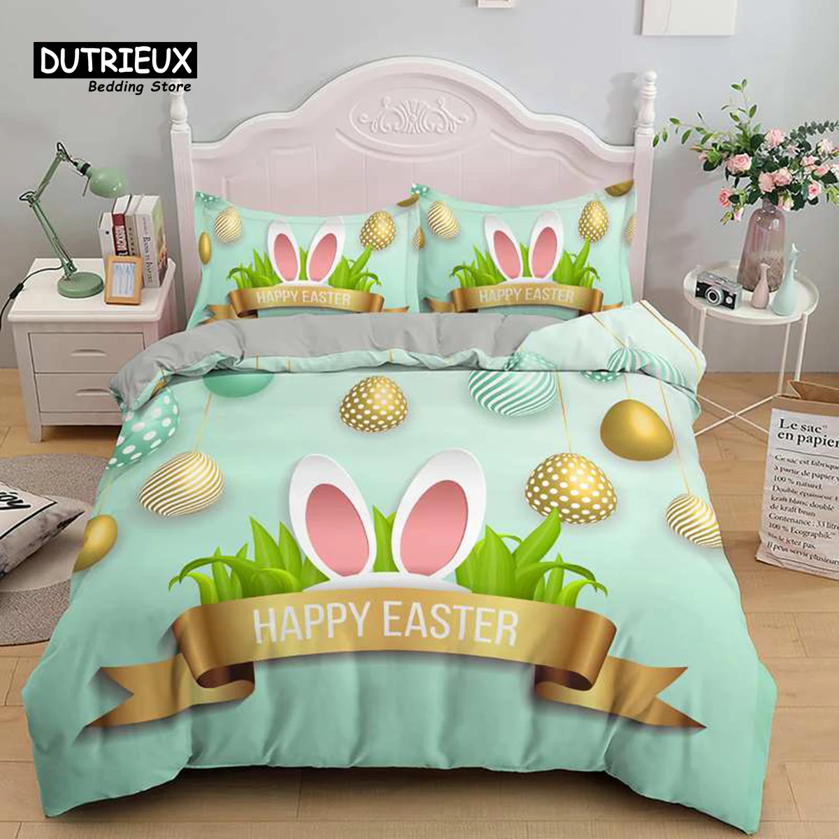 Soft Cartoon Pastoral Rabbit Duvet Cover Set Easter Eggs Print Bedding For Kids Child Microfiber Single King Comforter
