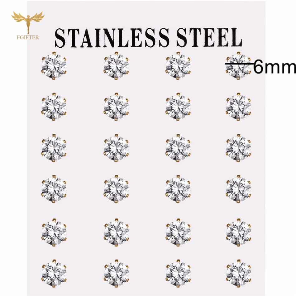 Серьги-гвоздики из нержавеющей стали с фианитом, 3-6 мм, 12 пар