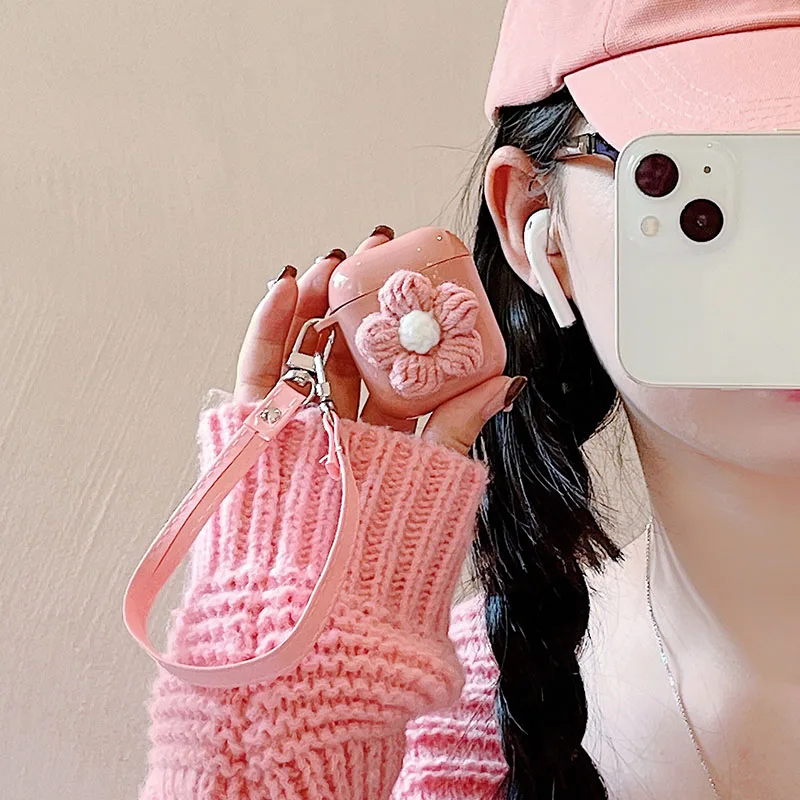 

Fashion Individual Pink Woolen Thread Flower Bluetooth Headset Cover for Airpods 1 2 3 Pro Silicone Airpods Case