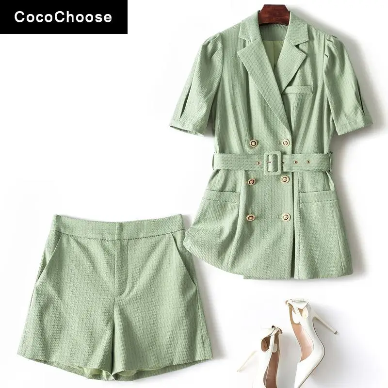 

Elegant Business Women Pant Suits Office 2 Piece Outfits Summer 2022 Fashion Twill Jacquard Belted Blazer Shorts Set Light Green