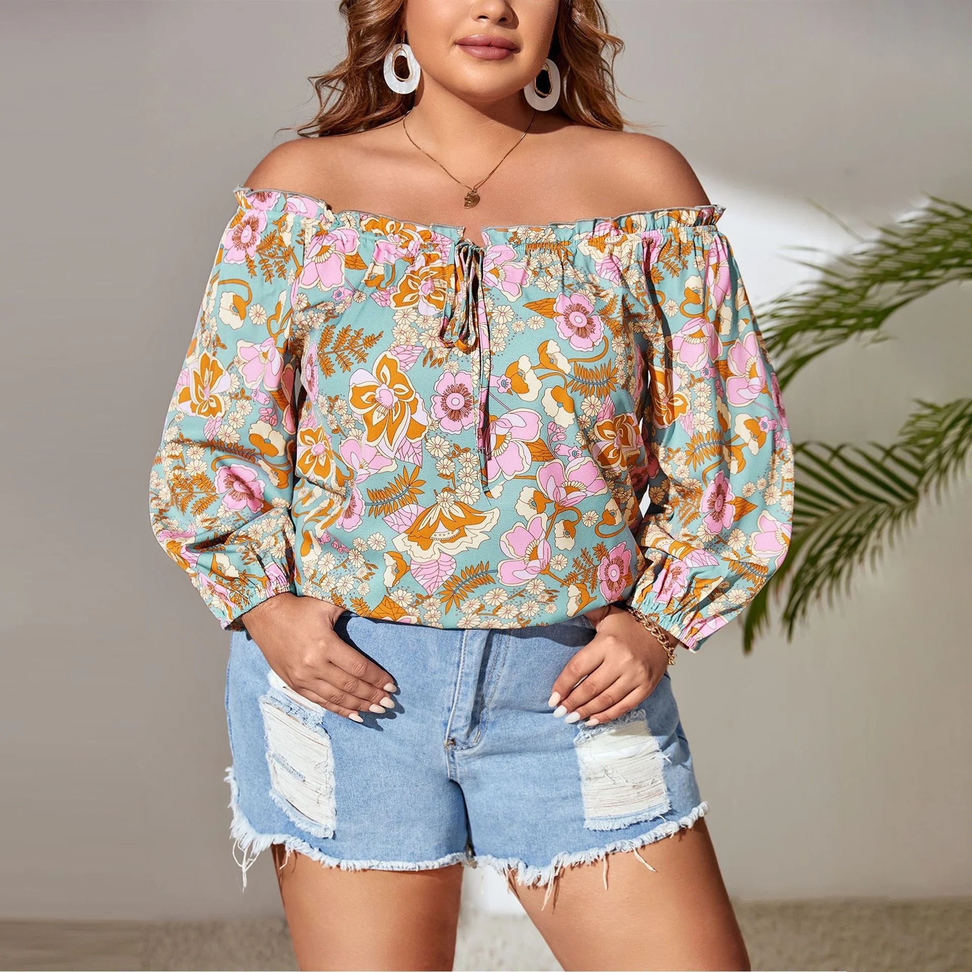 Plus Size Women Clothing Oversized Floral Print Off Shoulder Bubble Sleeve Shirt Top Fashion Woman Blouses Casual Female Clothes