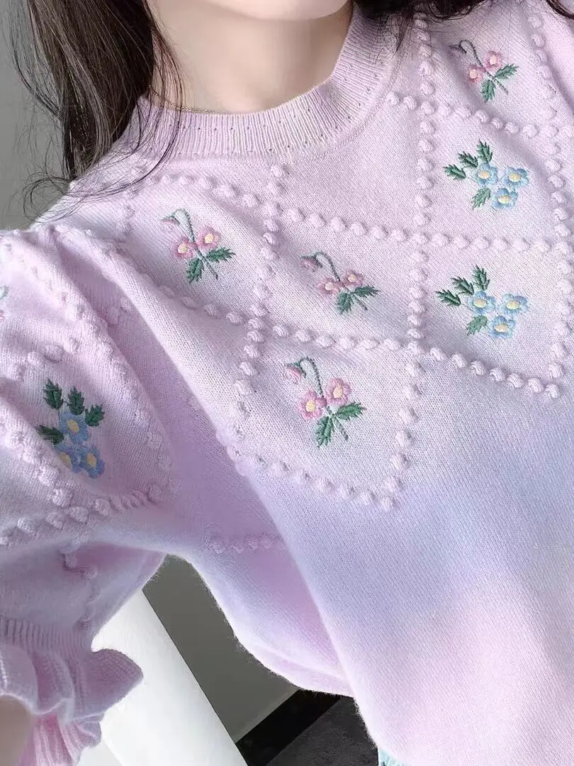 Женский пуловер с вышивкой фиолетовый вязаный свитер коротким рукавом и круглым