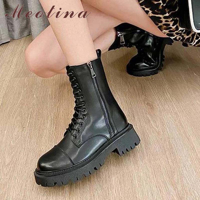 

Meotina Women Genuine Leather Motorcycle Boots Round Toe Lace Up Shoes Thick Med Heel Ladies Ankle Boots 2022 Autumn Winter 40
