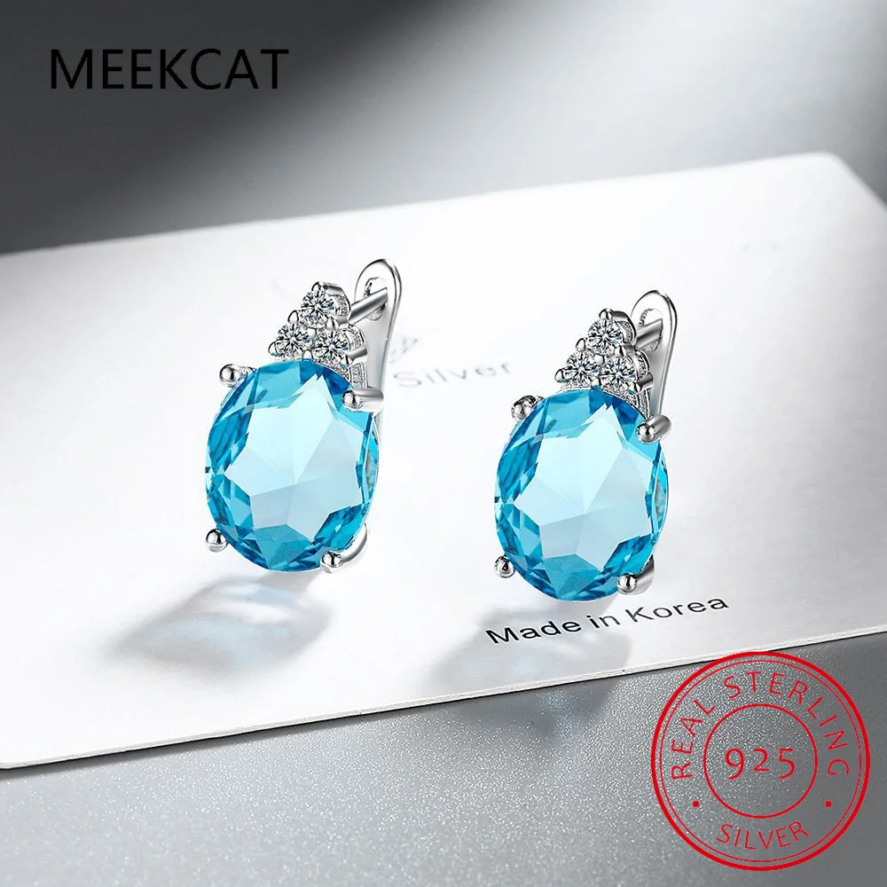 Овальные серьги-кольца из стерлингового серебра 925 пробы с натуральным синим