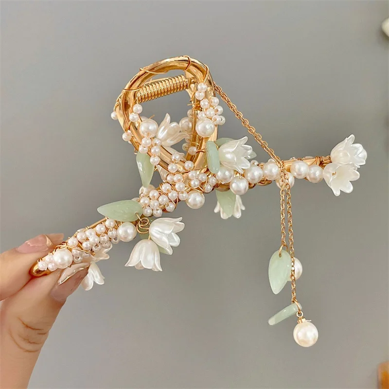 

Изысканные заколки для волос ручной работы с жемчугом, металлические золотые заколки для волос с цветами, магнитная заколка, металлическая ...