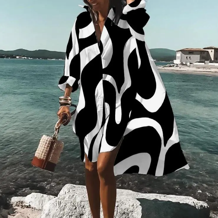 

2023 Summer Women's Shirt Skirt Print V-neck Long Sleeve Loose Dresses Female Casual New Elegant Fashion Beach Ladies Clothes