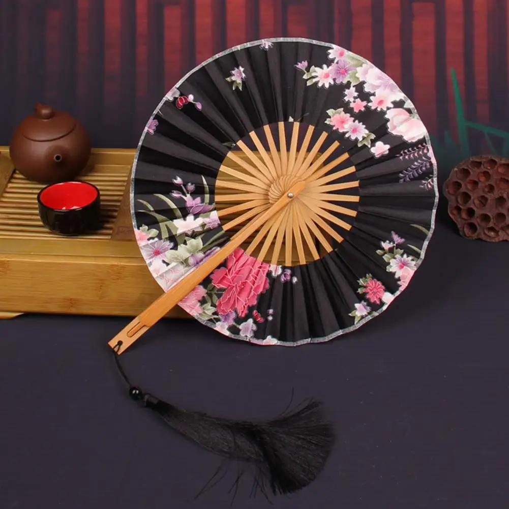 

Ancient Classic Hand Fan with Tassel Dress Up Costume Bamboo Flower Print Round Fan Performance Supplies