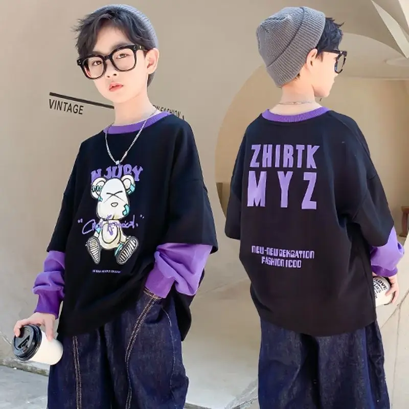 

Boys' Sweater Spring 2022 New Middle and Big Children's Autumn Clothes Fake Two Loose Children's Long-sleeved T-shirts