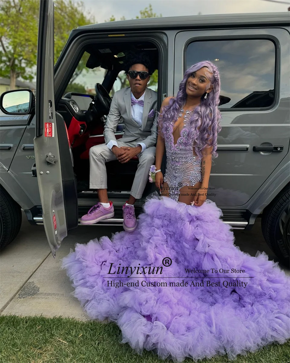 Роскошное блестящее Лавандовое платье с оборками для выпускного вечера черных