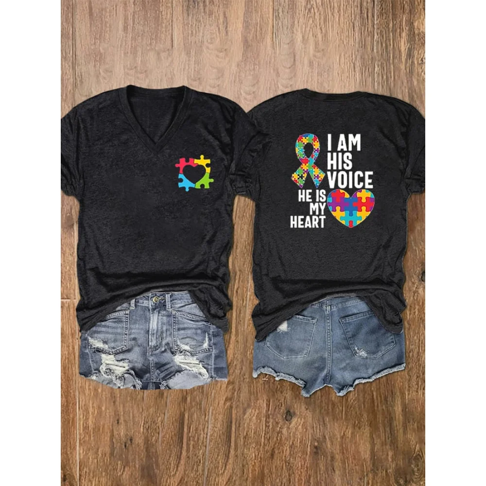 

Rheaclots Women's Autism Awareness I Am His Voice He Is My Heart Love Puzzle Print V-Neck Short Sleeve T-Shirt