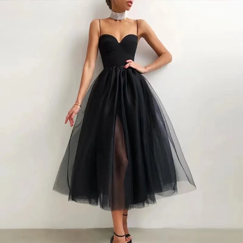 

Summer Sexy Halter Off Shoulder Party Dress Women Elegant Spaghetti Strap Spliced Mesh Dresses Ladies Ballet Clothing Vestidos