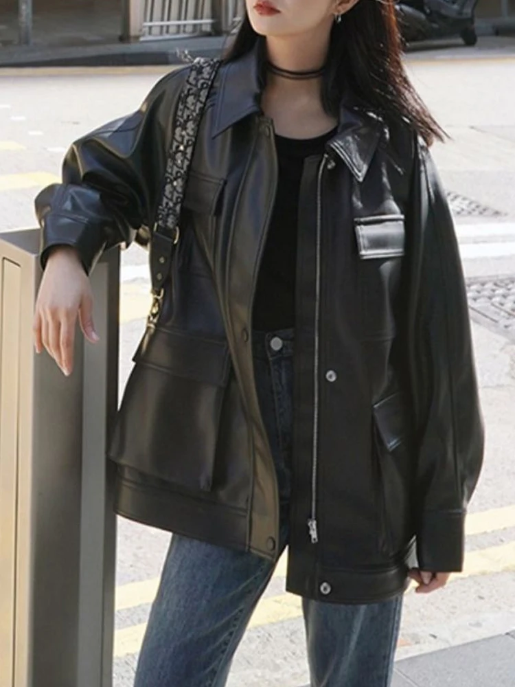 Black Winter Leather Jacket Women High Street Harajuku Zipper Moto Jacket Female Casual Loose Streetwear Warm Oversize Y2k Coat