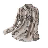 2022 print butterfly women shirt turn down collar ramie chinese style thin single breasted blouse women tops