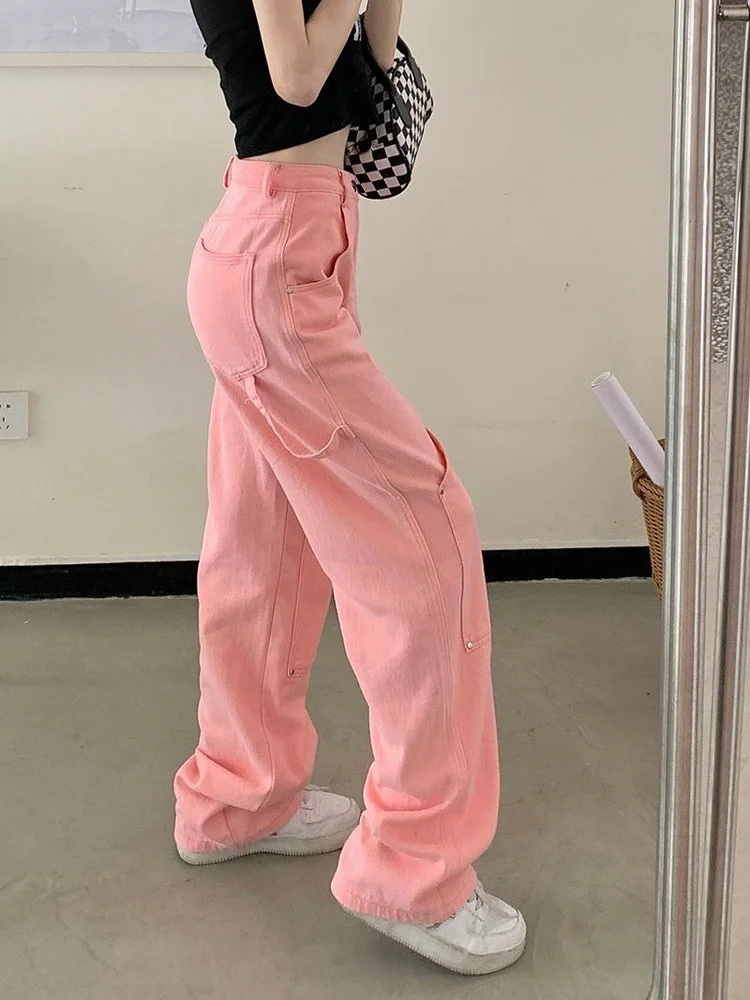 

HOUZHOU Harajuku Style Baggy Pink Jeans Women Korean Streetwear Oversize High Waist Denim Pants Kpop Wide Leg Trousers Pockets