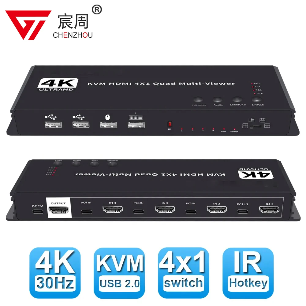 

4 Port HDMI Quad Multi-Viewer with KVM Switch 4x1 HDMI KVM Multiviewer Seamless Switch Support Keyboard Mouse for PC Camera Game