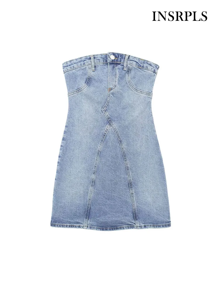 

INSRPLS Women Fashion Strapless Denim Mini Dress Sexy Off The Shoulder Straight Neck Side Zipper Female Dresses Vestidos Mujer