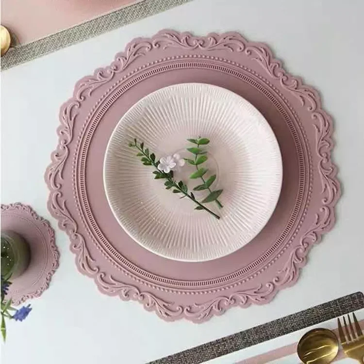 

Korean Retro Relief Dinner Mat Bowl and Plate Mat Heat Insulation Pot Mat Vase Table Lamp Silica Gel Lace Mat Banquet Decoration