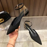 chain black women shoes baotou thick heeled sandals womens 2022 summer new pointed toe buckle flat shoes