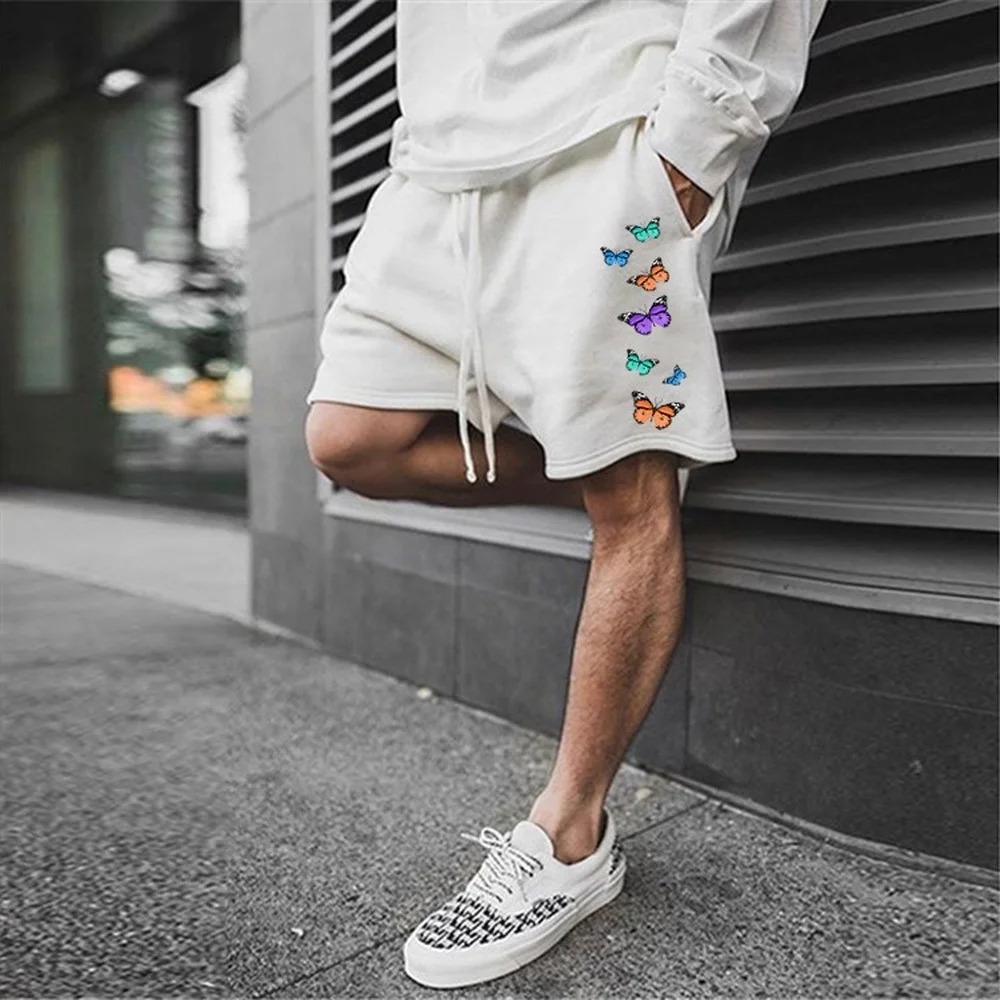 

Men Shorts Loose White Mid-waist Lace Butterfly Print Pocket Elastic Waist Fashion Spring Summer Casual Hip-hop Hipster Shorts