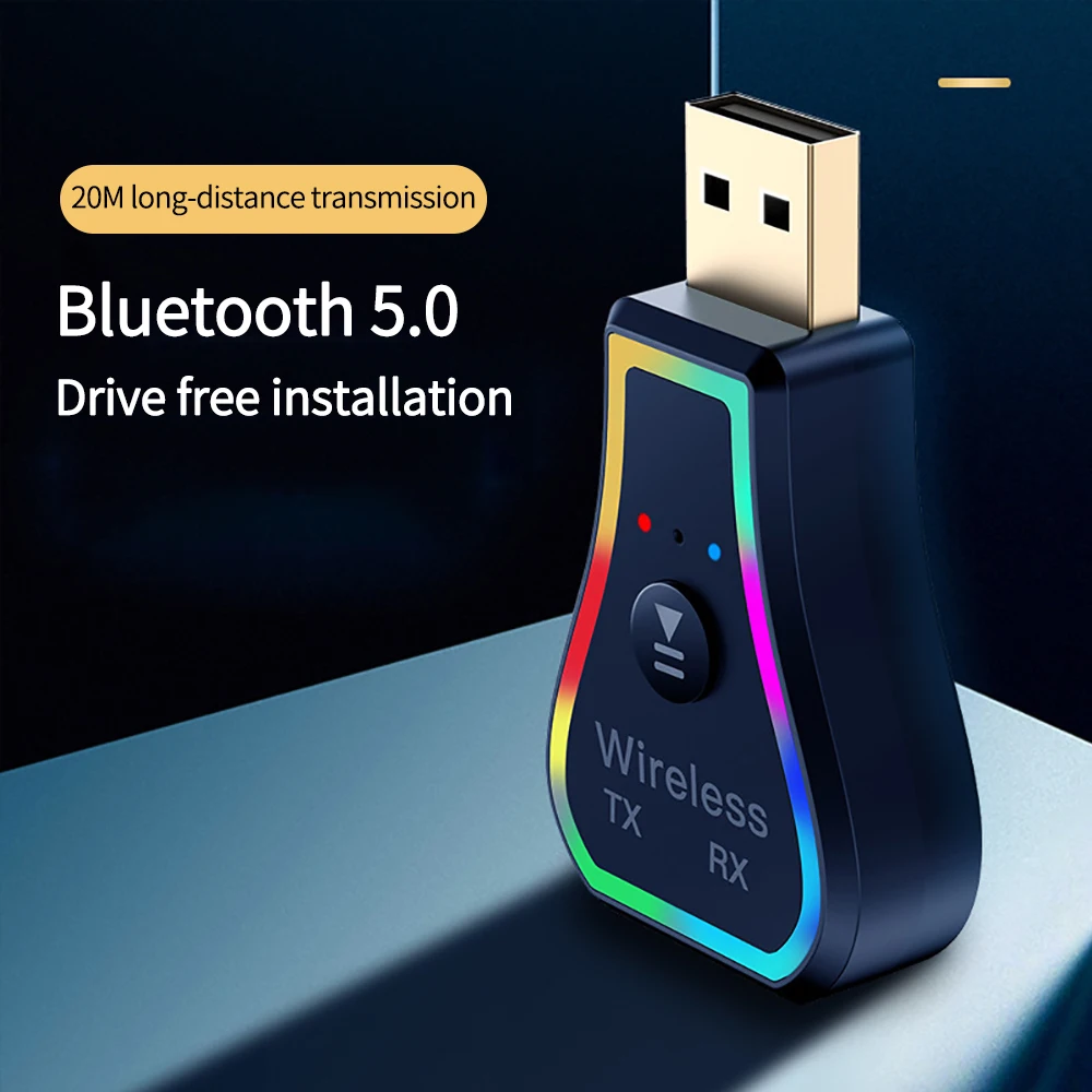 

New USB Wireless Bluetooth 5.0 Transmitter Receiver with Colorful Atmosphere Light for Car Hands-free Call for Desktop Laptop PC