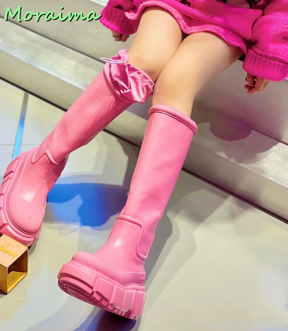 Round Toe Thick Bottom Women Long Rain Boots Knee High Slip On Pink Solid Fashion New Arrivals Hot Selling Autumn Winter Casual