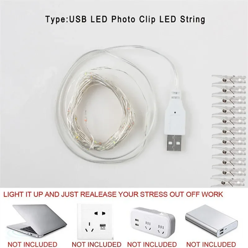 Фотоклип USB светодиодные гирлянды уличные на батарейках для украшения дома в