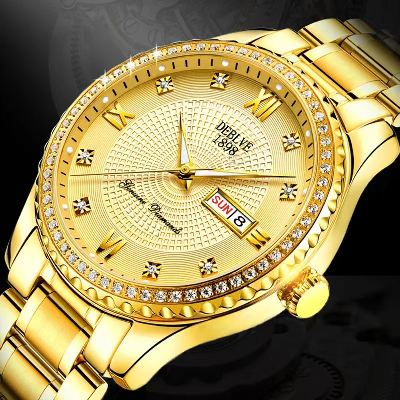 Men's wrist watch rose gold inlaid diamond fully automatic movement watch luminous waterproof double calendar watch men's watch
